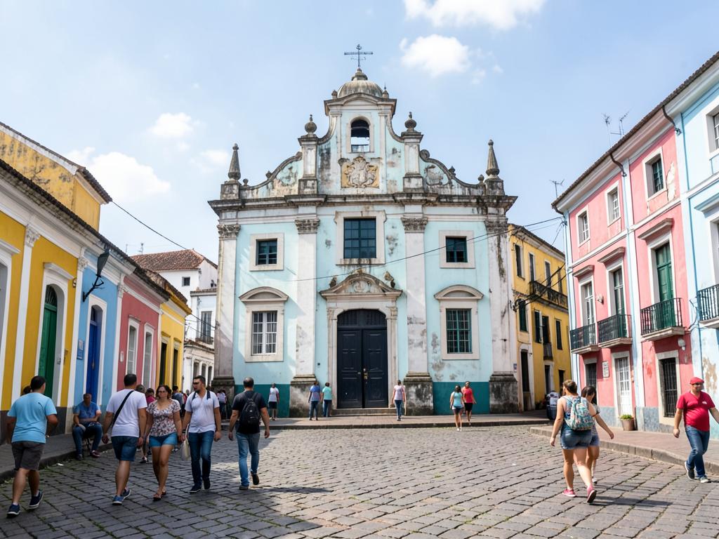 Igreja barroca no centro histórico com fachadas coloridas