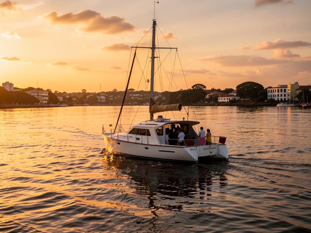 Catamarã navegando ao entardecer com passageiros