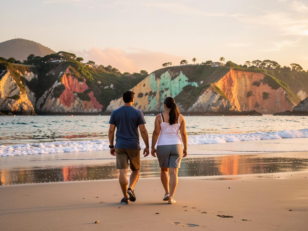 Casal caminhando na praia diante das falésias coloridas