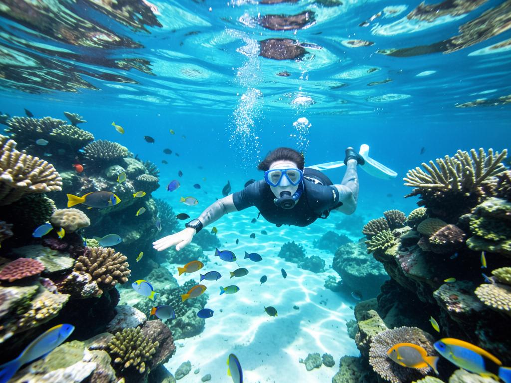 Mergulho de snorkel entre corais e peixes