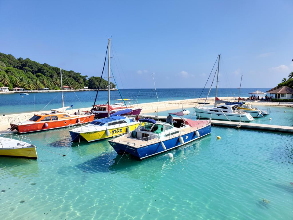 Catamarãs coloridos ancorados sobre a água clara