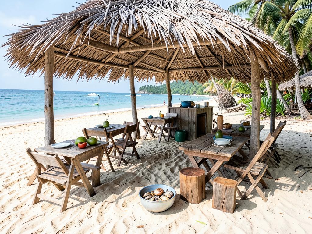 Barraca de praia rústica com mesas na areia