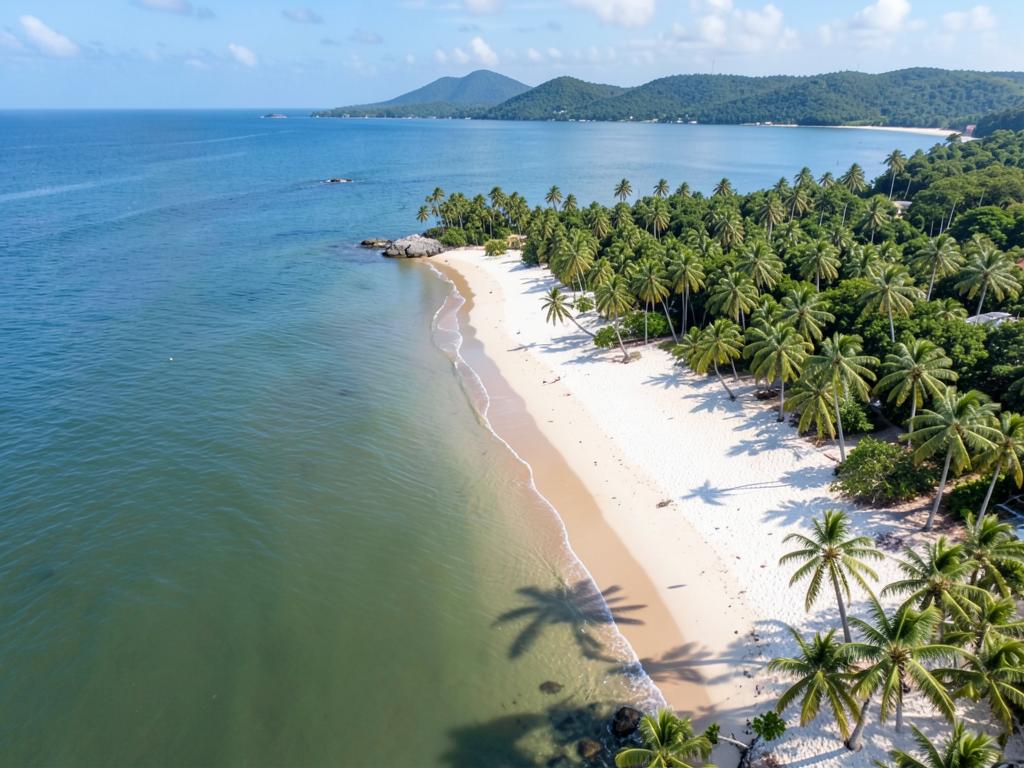 Vista aérea da praia com coqueirais