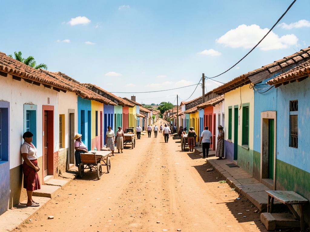 Rua de terra com casario colorido de época