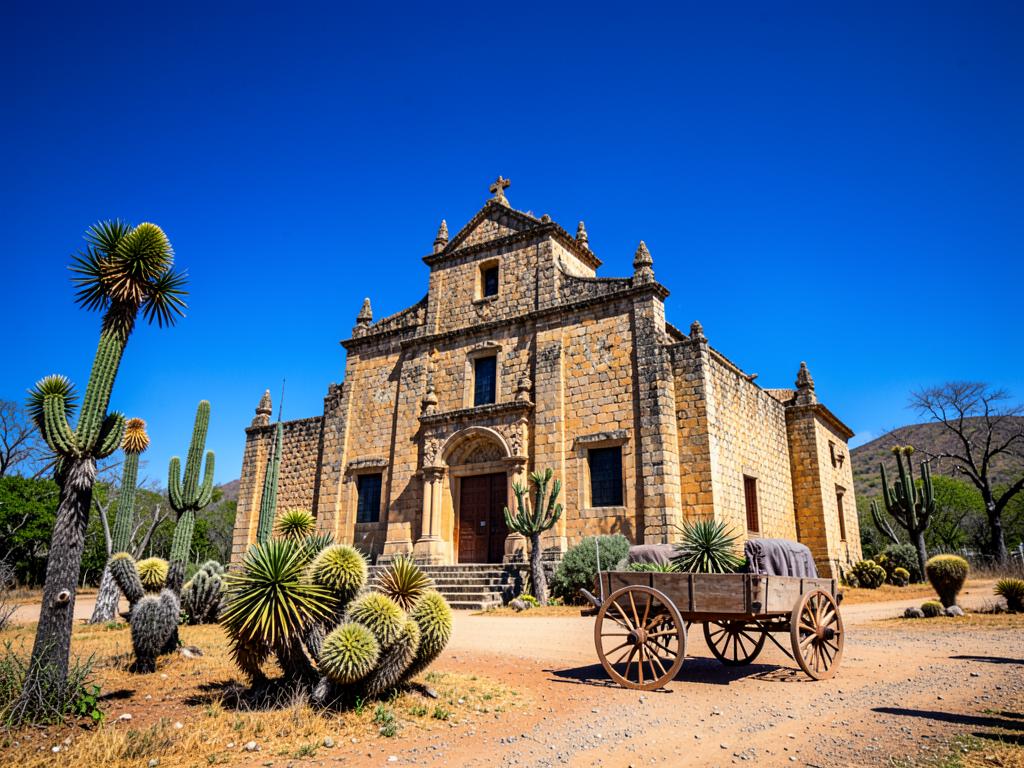 Igreja antiga cercada de cactos mandacaru