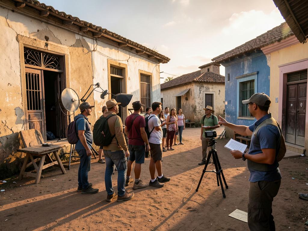 Grupo de turistas em set de filmagem cenográfico