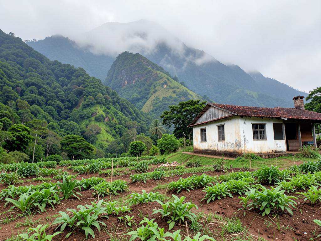 Montanhas verdes com neblina e casarão antigo